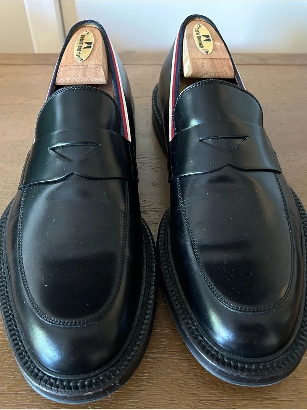 Gucci Black Leather Penny Loafers with Red-White-Blue Trim